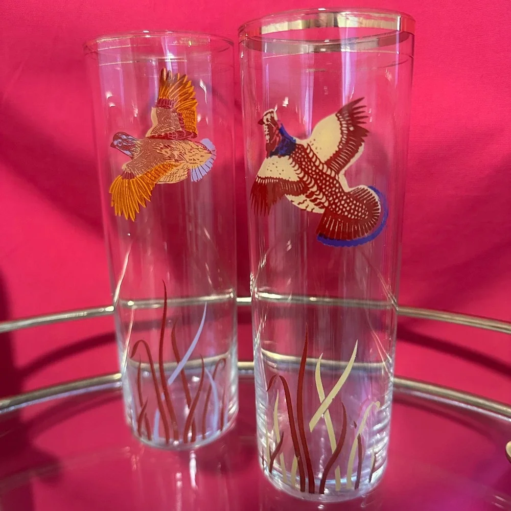 Vintage 1950s–1960s Pheasant Highball Glasses‎ Set of 2 Mid Century Fall Barware